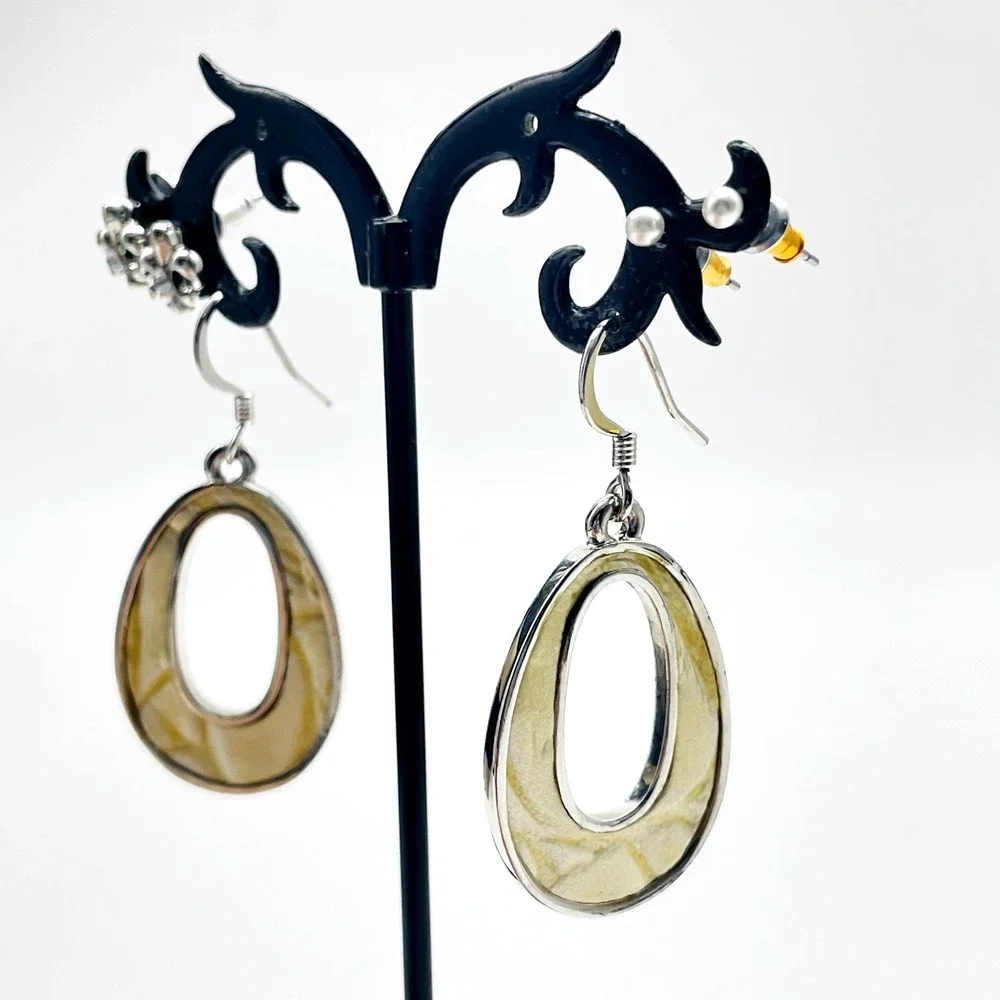 Two Tone Pierced Earrings Lot 3 Oval Dangle Fleur de Lis Faux Pearl Mixed Metals